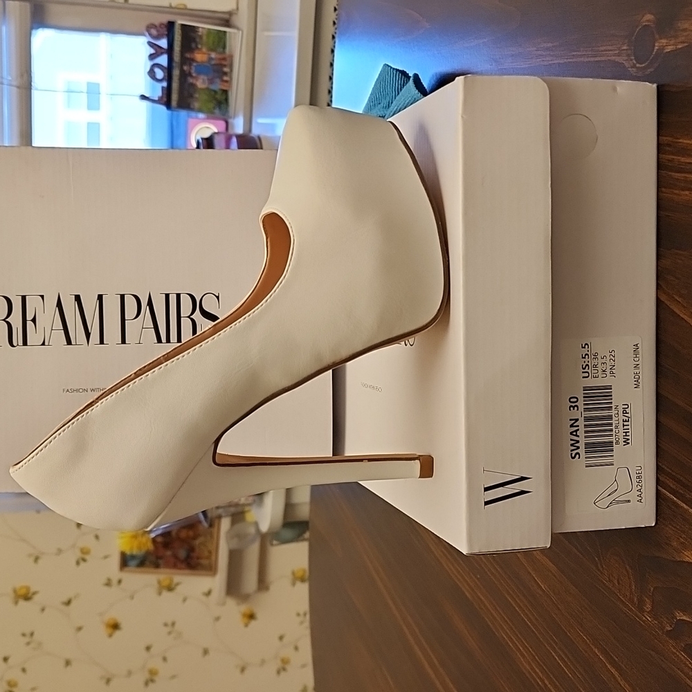 White platform pumps